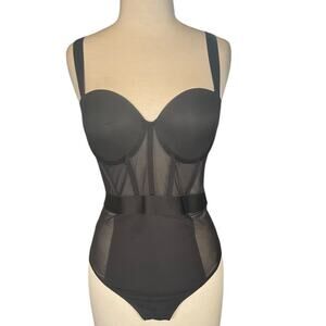 Y2K Quiet Luxury Sheer Mesh Bodysuit Corset Shapewear Lingerie DKNY Black 36B